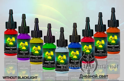 Светящаяся, ультрафиолетовая краска MOM Nuclear Colors UV Tattoo Ink MOM Nuclear Colors UV Tattoo Ink 9 Bottle Set - набор 9 ультрафиолетовых красок